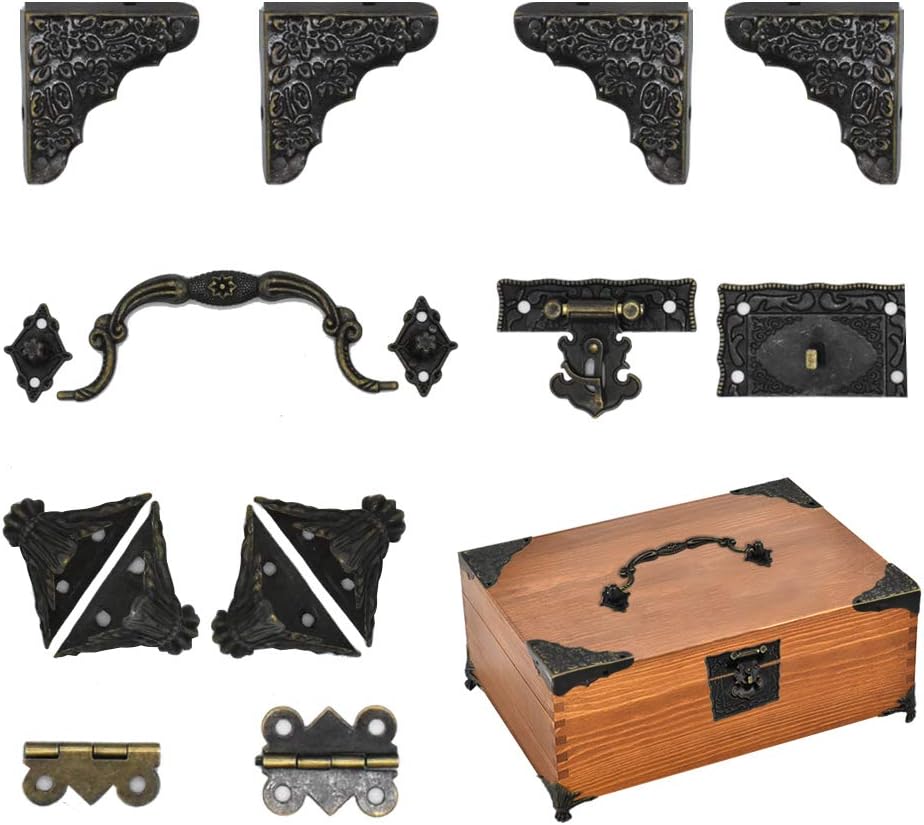 Antique Jewelry Box Lock Latch Hasp Hinges Handle Corner Protectors Kit for DIY Bronze Tone 2 Sets 24Pcs