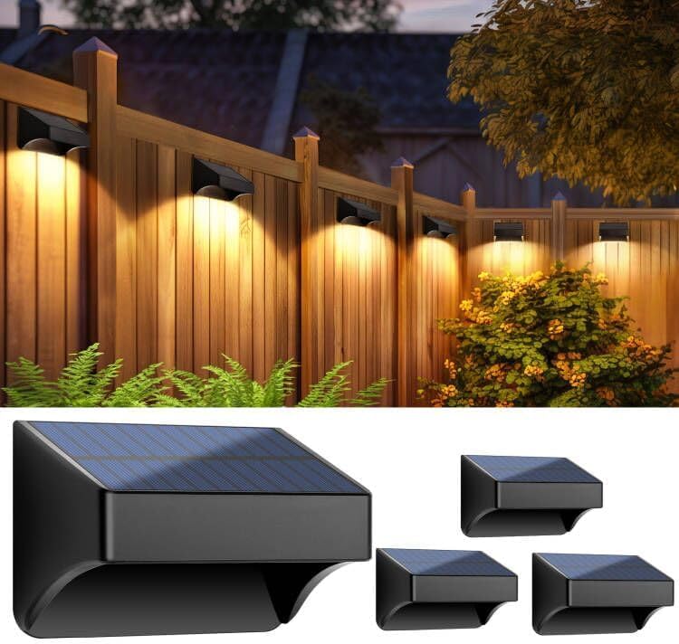 Paquete de 4 luces solares para valla, IP65, impermeables, para exteriores, luz blanca cálida y luces solares brillantes de color para exteriores,