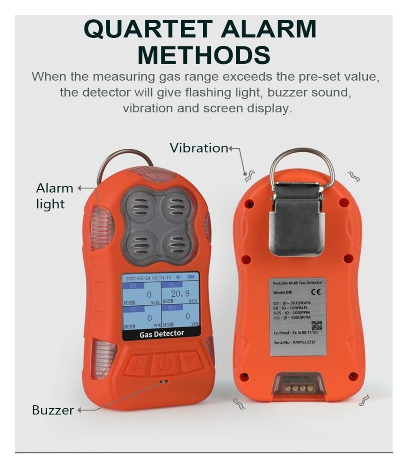 Detector multigas 4 en 1 EX, H₂S, CO, O₂, analizador de Gases combustibles con alarmas vibración, visuales y sonoras Alta sensibilidad para Laboratorio(Black)