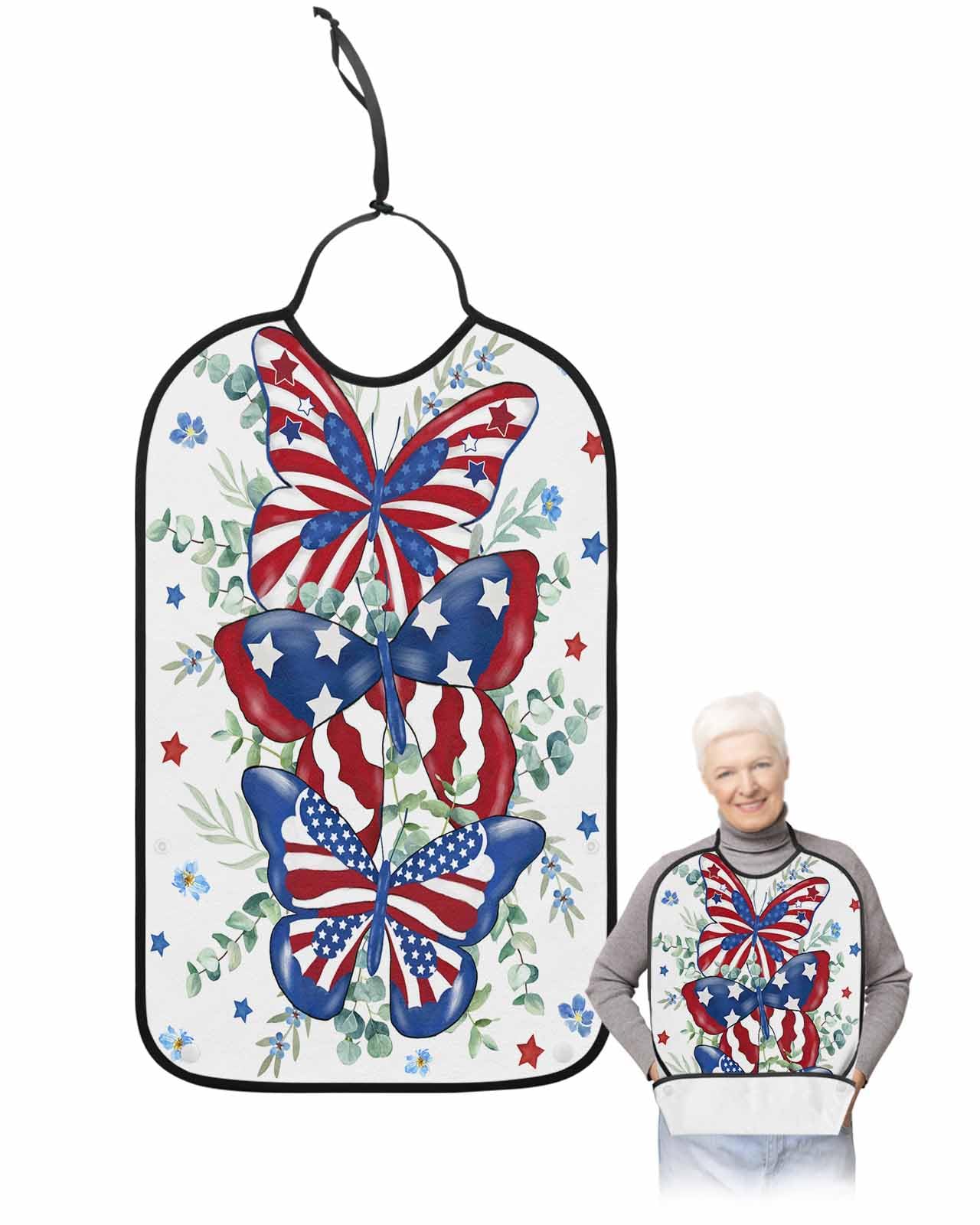 LEOKOTI 4th of July Butterfly Adult Bibs for Eating, Waterproof Bibs with Food Catcher & Adjustable Snap Closure, Blue Red Star Watercolor Botanical Washable Clothing Protectors Adult Bibs for Elderly