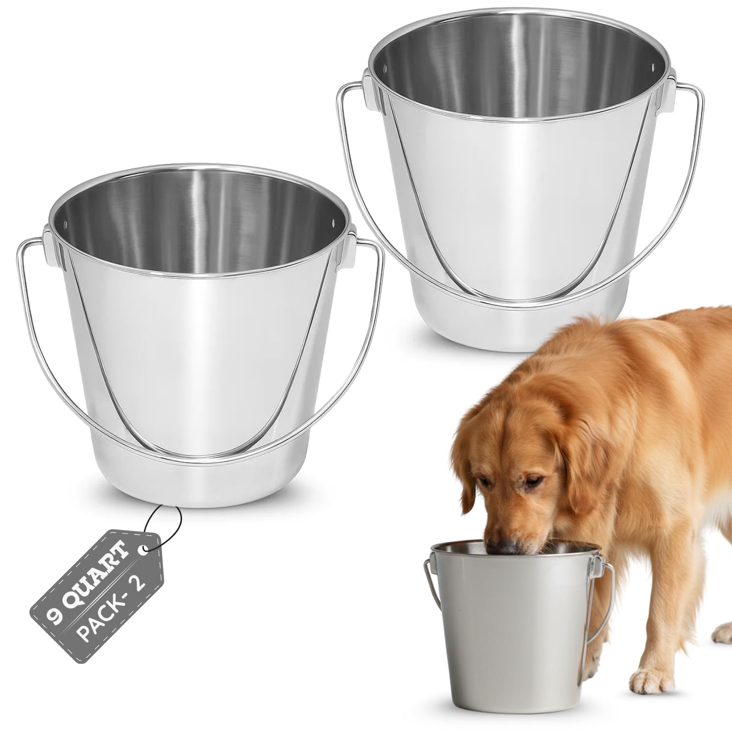 Cubo redondo de acero inoxidable resistente de 9 cuartos con asa, 2 unidades, cuenco resistente para alimentos y agua de 2.25 galones para perros XL, cabras, ovejas, caballos y ganado, se