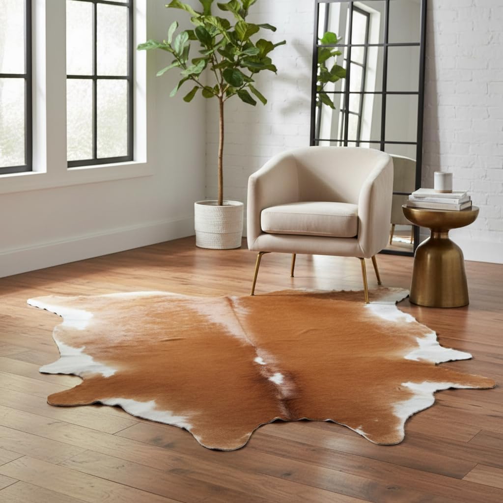 Premium 100% Genuine Cowhide Rug Large 5x7 Ft Leather Area Rug for Living Room, Cozy, Unique, and Durable, Western Home Decor – from Argentina (Beige & White, 5 x 7)