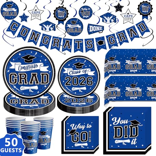 DAZONGE Graduation Decorations 2026 Blue 265pcs Graduation Party Decorations 2026 Disposable Tableware Set for 50 Guests Plates Cups Tablecloth with Congrats Grad Hanging Decor