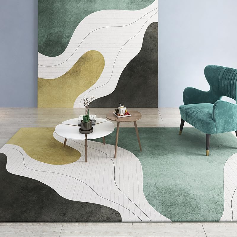 QJDTZMD Alfombra Sala 140 x 160 cm Alfombra Interior Antideslizante Lavable en Lavadora Pelo bajo para Dormitorio Kitchen Comedor Corredor Moderno Minimalista Verde Blanco Amarillo