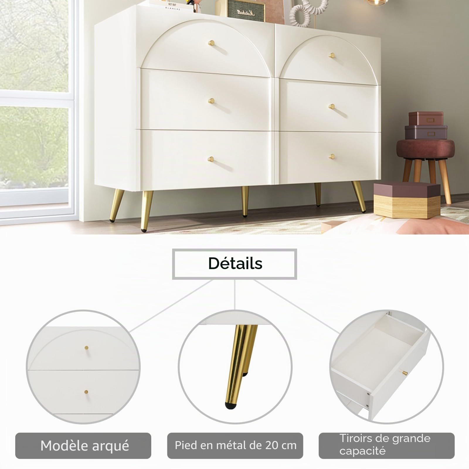 PUGSDRLY Commode à 6 tiroirs avec tiroirs blancs, armoire de rangement avec tiroirs, style moderne, buffet pour salon et chambre (H85/L120/P40 cm)