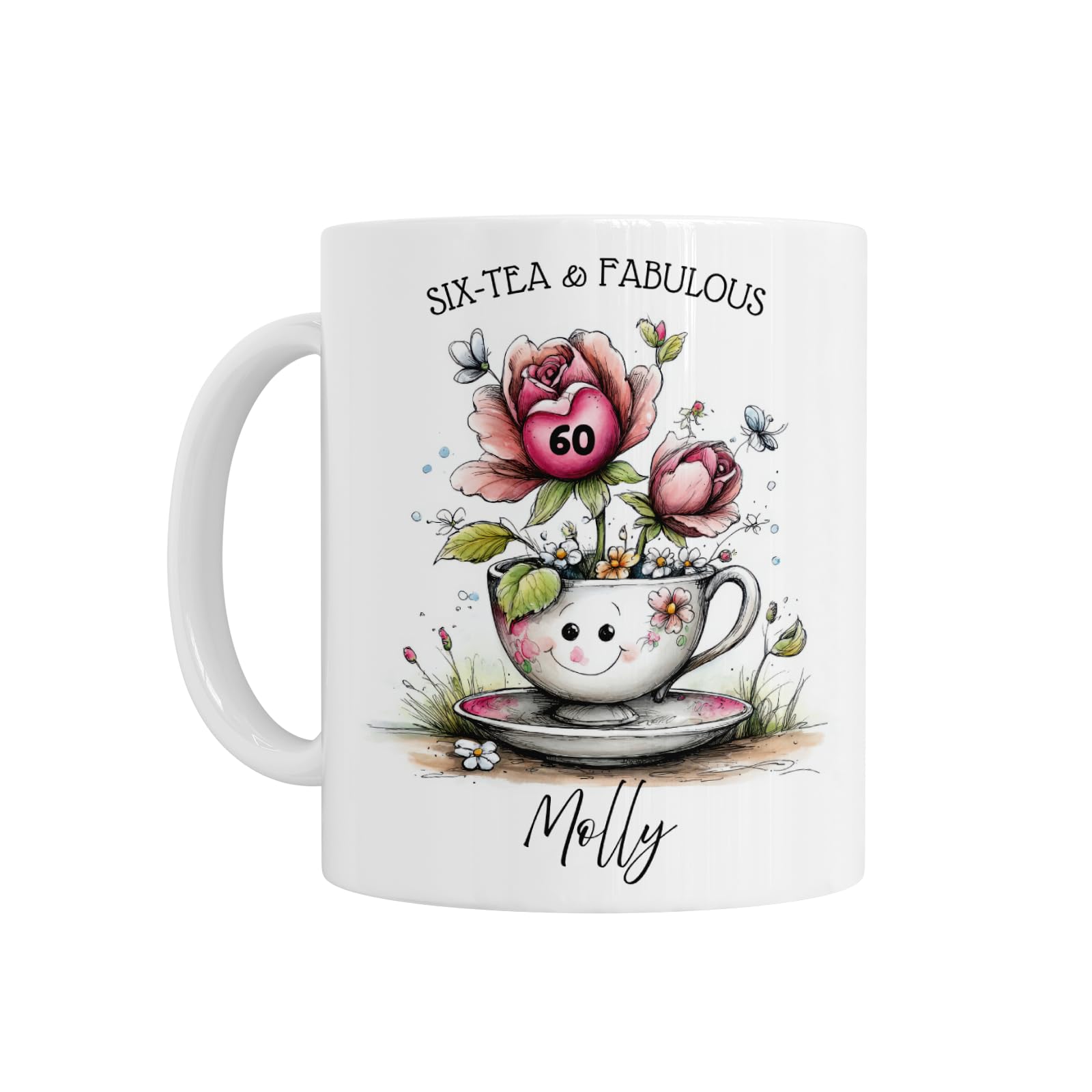 Personalised 60th Birthday Mug, Six-Tea & Fabulous Floral Tea Cup Design, White Ceramic, 60th Birthday Gift for Her