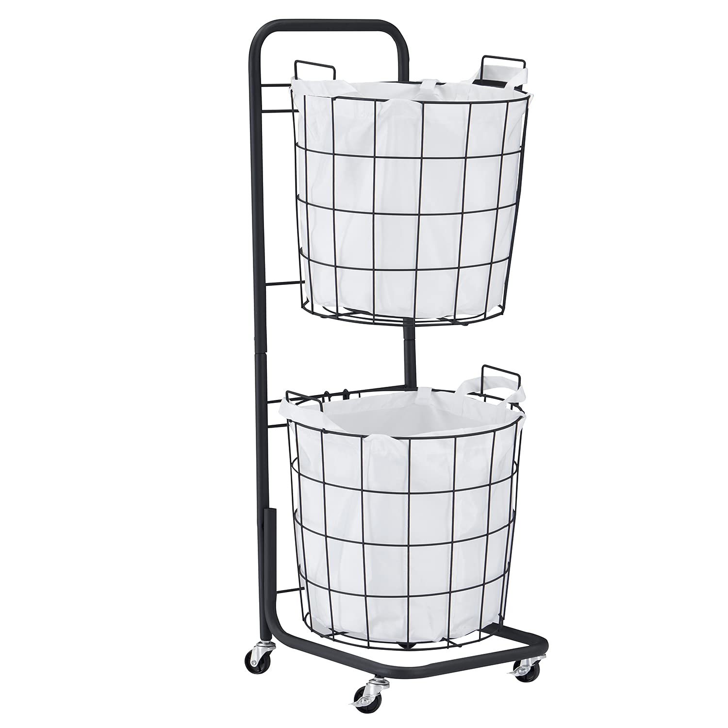Photo 1 of VECELO 2-Tier Laundry Basket/ Hamper with Rolling Lockable Wheels, Durable Metal Clothes Storage Cart with Removable Liner Bag for Organizing Clothes White&Black