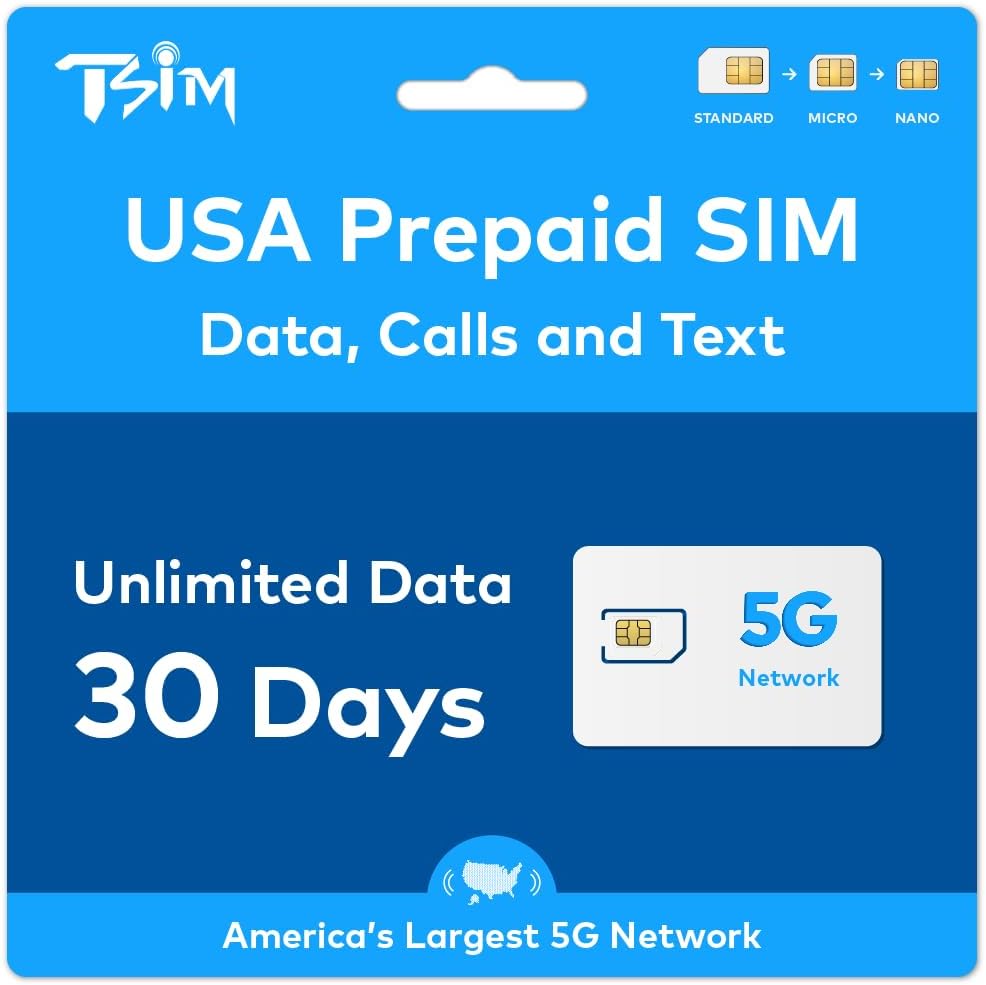 Product image of TSIM Prepaid USA SIM Card for Travel | Unlimited High Data, Unlimited Local Calls and Text for 30days | Get Local USA Number and Hotspot Sharing Allowed.