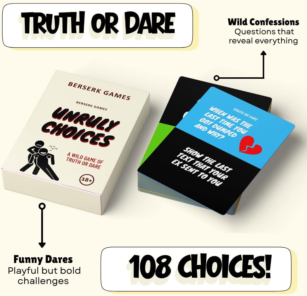 Unruly Choices – Truth or Dare Card Game | 108 Dares & Questions | Bachelorette Party Game, Pregame Party Game, Date Night & Game Night