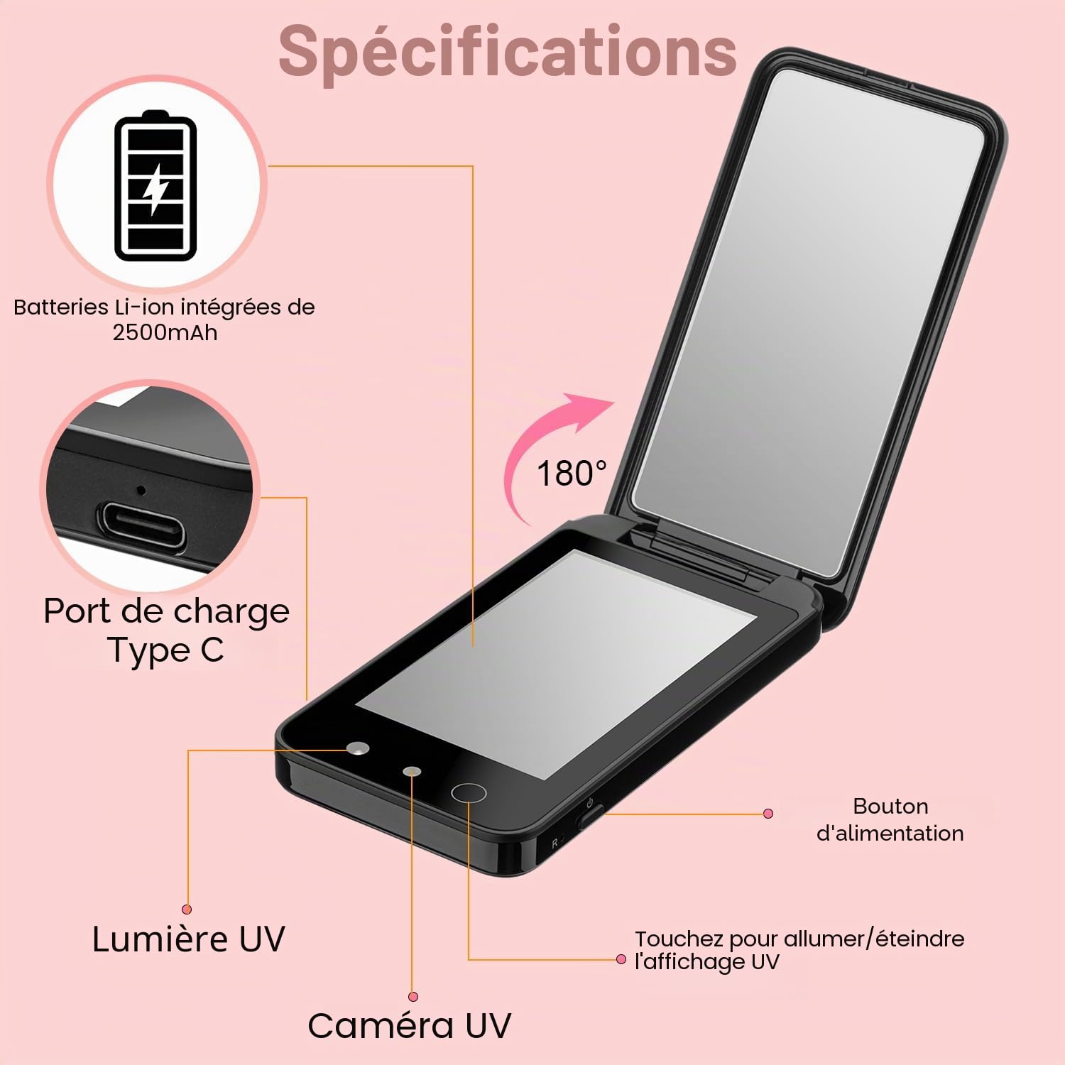 Miroir UV compact et portable, miroir de courtoisie de 10,2 cm avec caméra UV pour tester la crème solaire, miroir de maquillage de voyage rechargeable, miroir de poche double face pour la protection
