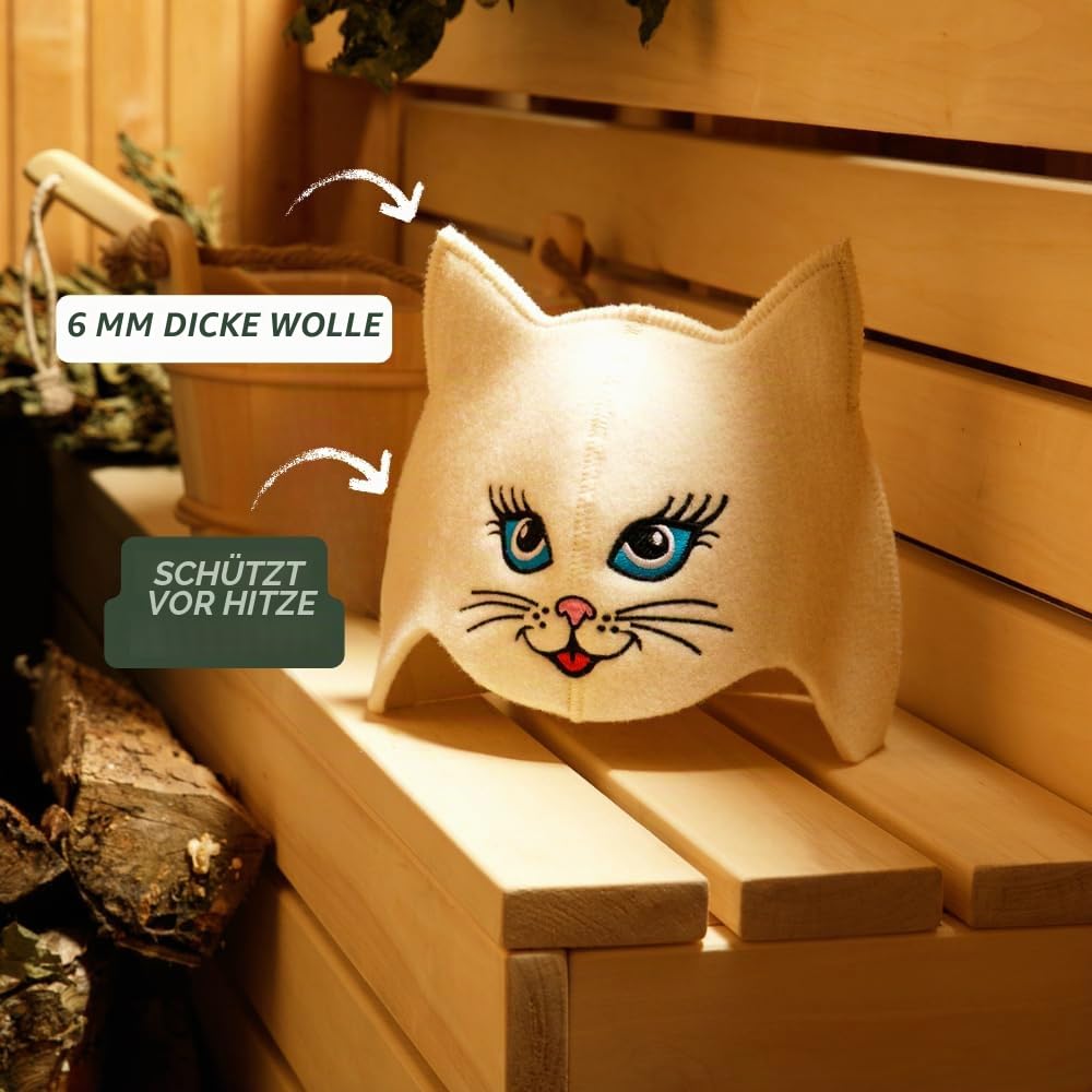 Saunahut 'Sauna Kitten Cat' White Wollfilzmützen - Schützen Sie Ihren Kopf vor Hitze - Englische Sauna E-Book Handbuch inklusiv - mit Stickerei