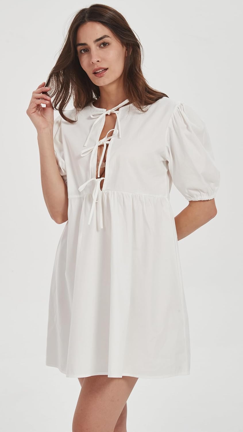 Women Casual Summer Puff Sleeve Mini Dress Bow Tie Front Y2K Babydoll Cut High Waist Peplum Dress - Image 3