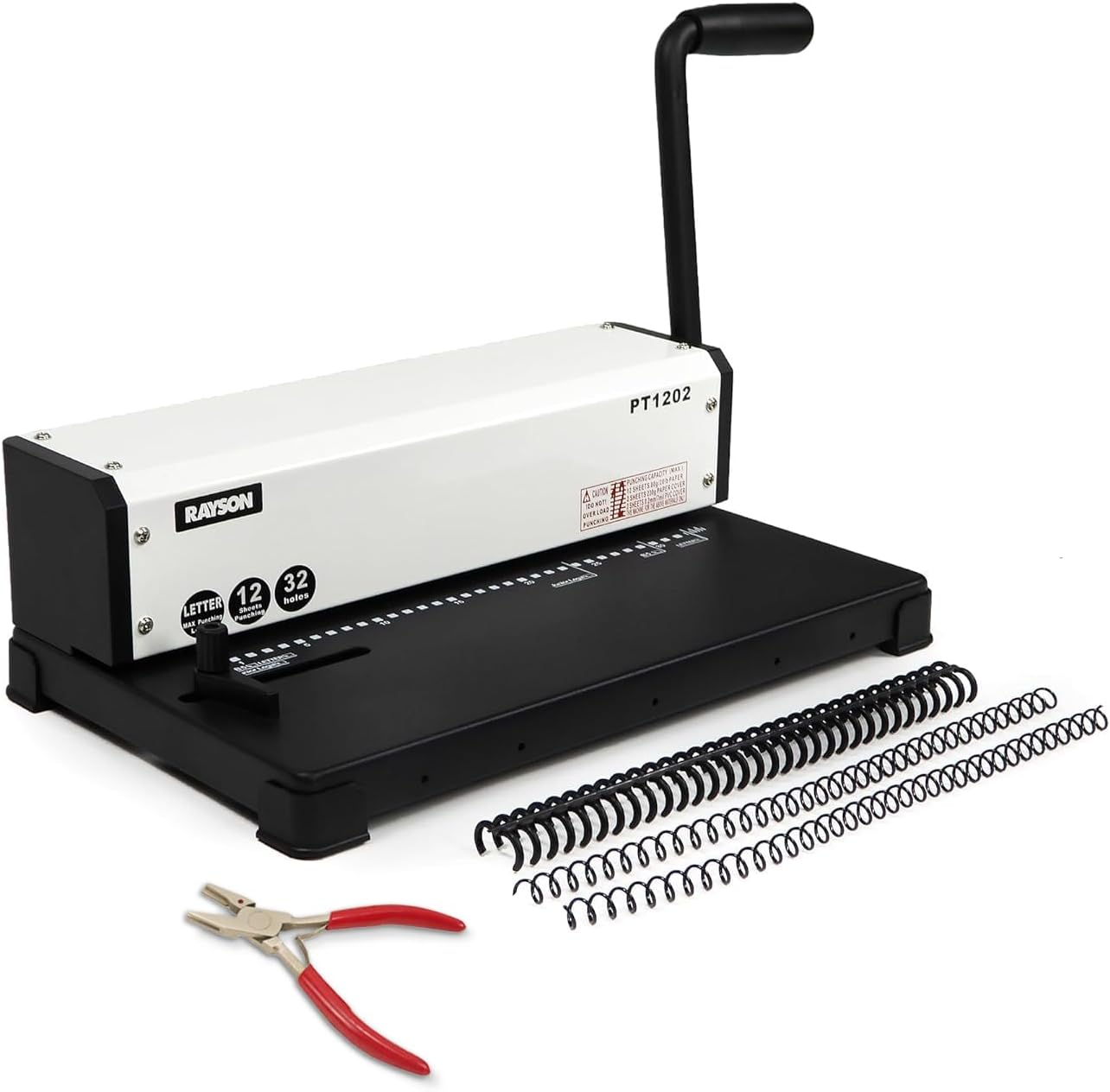 Rayson PT1202 Coil Binding Machine, 3:1 Pitch, 32 Hole Punch for Spiral & Click Binding Spines, Metal Spiral Binder Hole Punch, Punches 12 Sheets at a Time