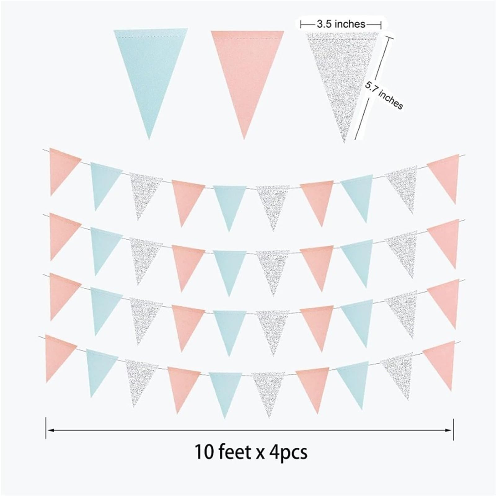 Banderines Decorativos Pastel Blue Silver Pink Christmas Party Triangle Flag Decorations Wedding Birthday Bridal Shower Streamers Supplies(4Pcs Triangle Flags)