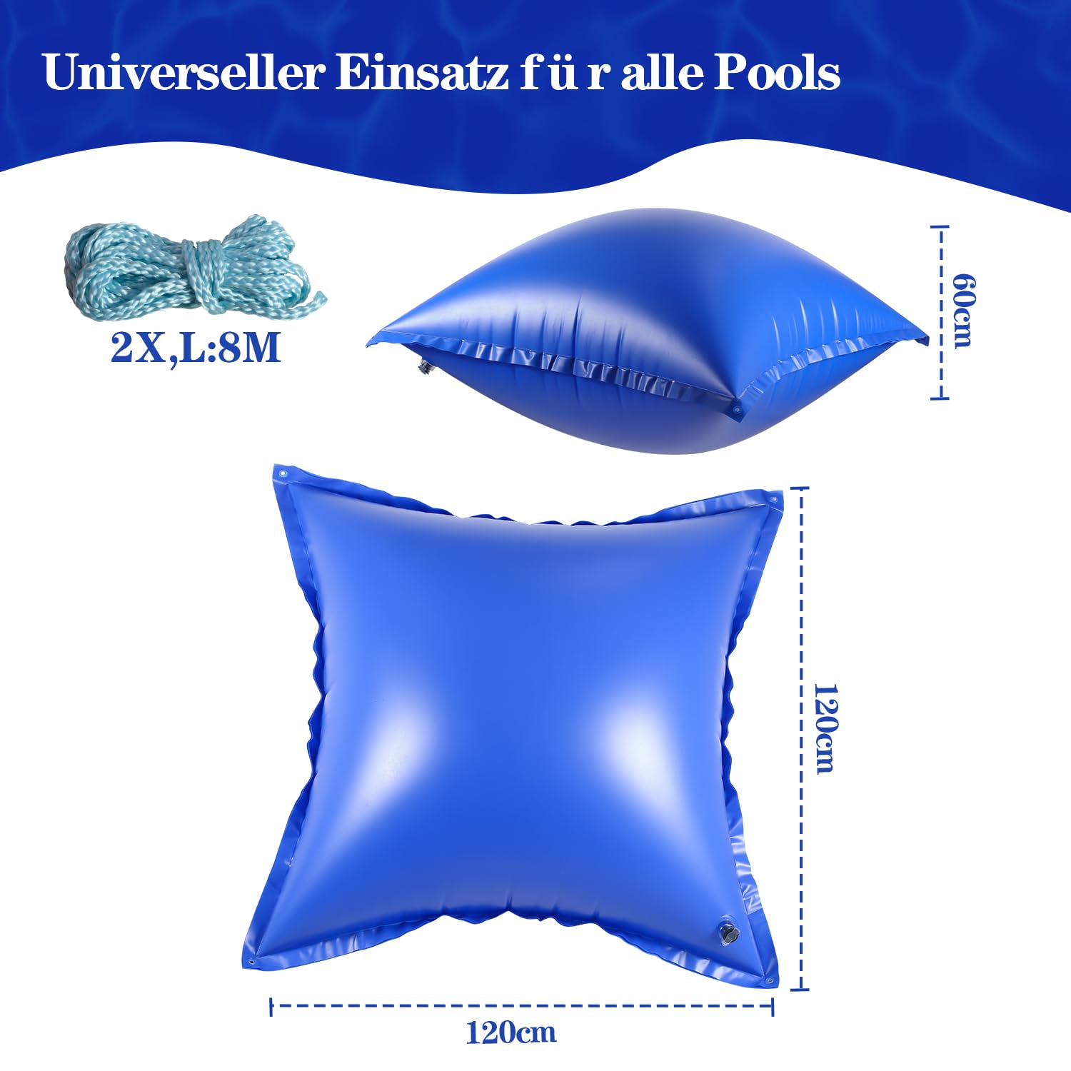 Lot de 2 coussins de piscine d'hiver 120 x 120 cm avec valves de sécurité surdimensionnées, avec corde de 8 m pour la plupart des espèces, coussins de piscine, coussins d'air pour piscine