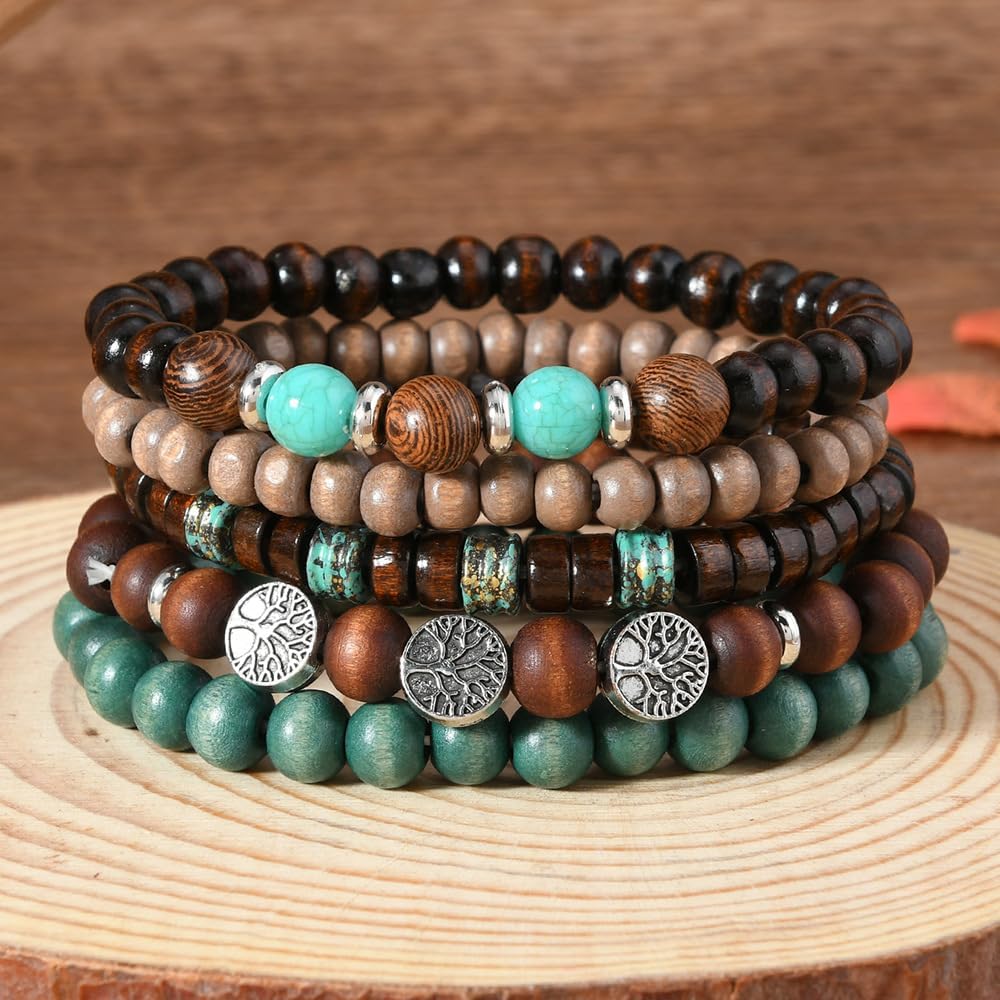Tree of Life Beaded Bracelet for Women Men - Bohemian Wooden Beads & Stone Stretch Bracelet Stackable Jewelry Set Adjustable Spiritual Healing Bracelet gift for mom daughter - Image 6