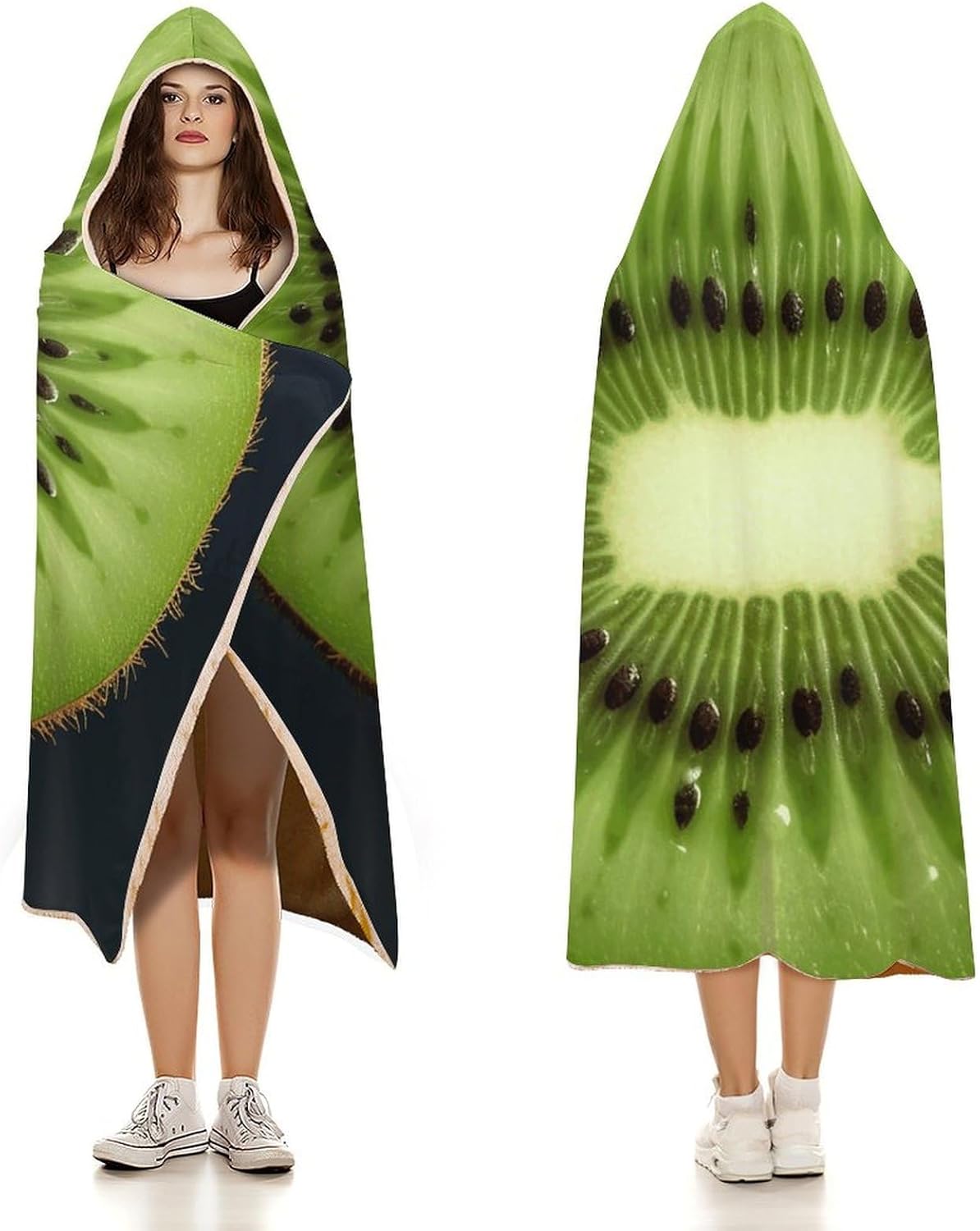 Kiwi Slice Wearable Hooded Blanket, Ultra Soft Arctic Velvet Cape Cloak Unisex - Cozy Wearable Blanket