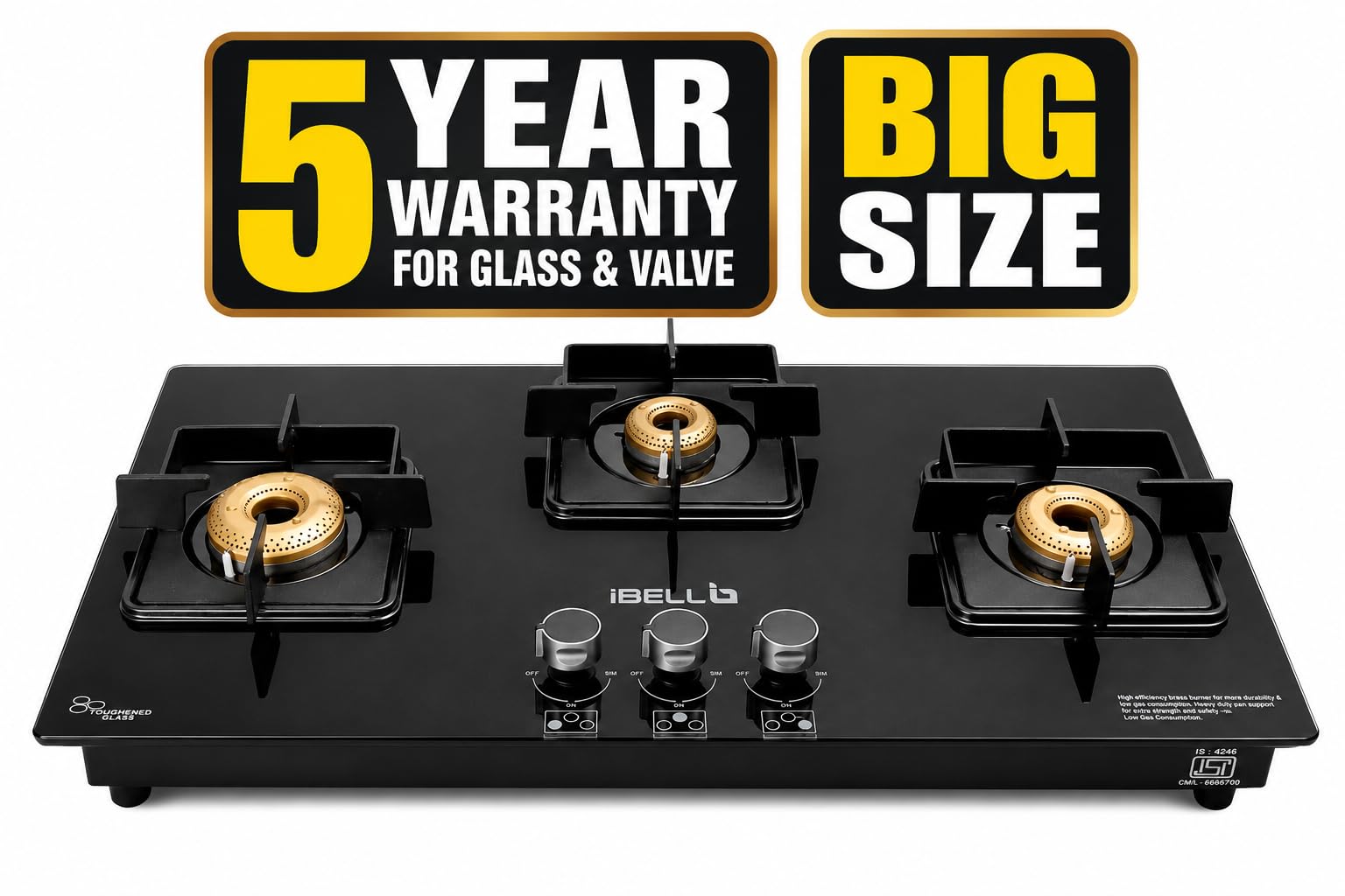 iBELL Flame 3-Burner Gas Hob with Auto Ignition – ISI Certified, Toughened Glass Top, Large Size, Brass Burners (77 x 43 x 8 cm) (Black)-image-11