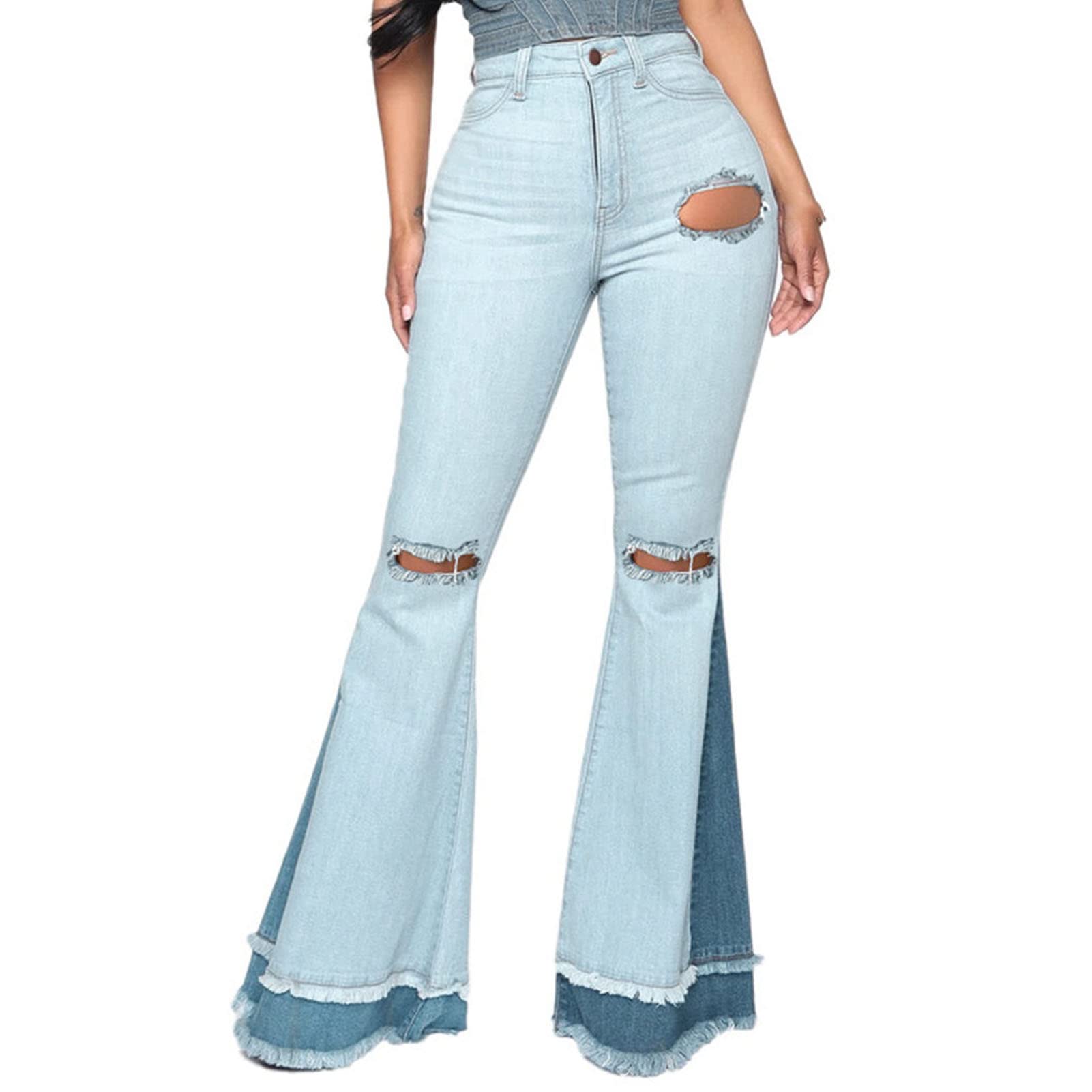Maiyifu-GJ Women's Patchwork Ripped Flare Jeans Retro High Waisted Bell Bottom Denim Pants Destroyed Raw Hem Jean Trousers (Light Blue 2,Medium)