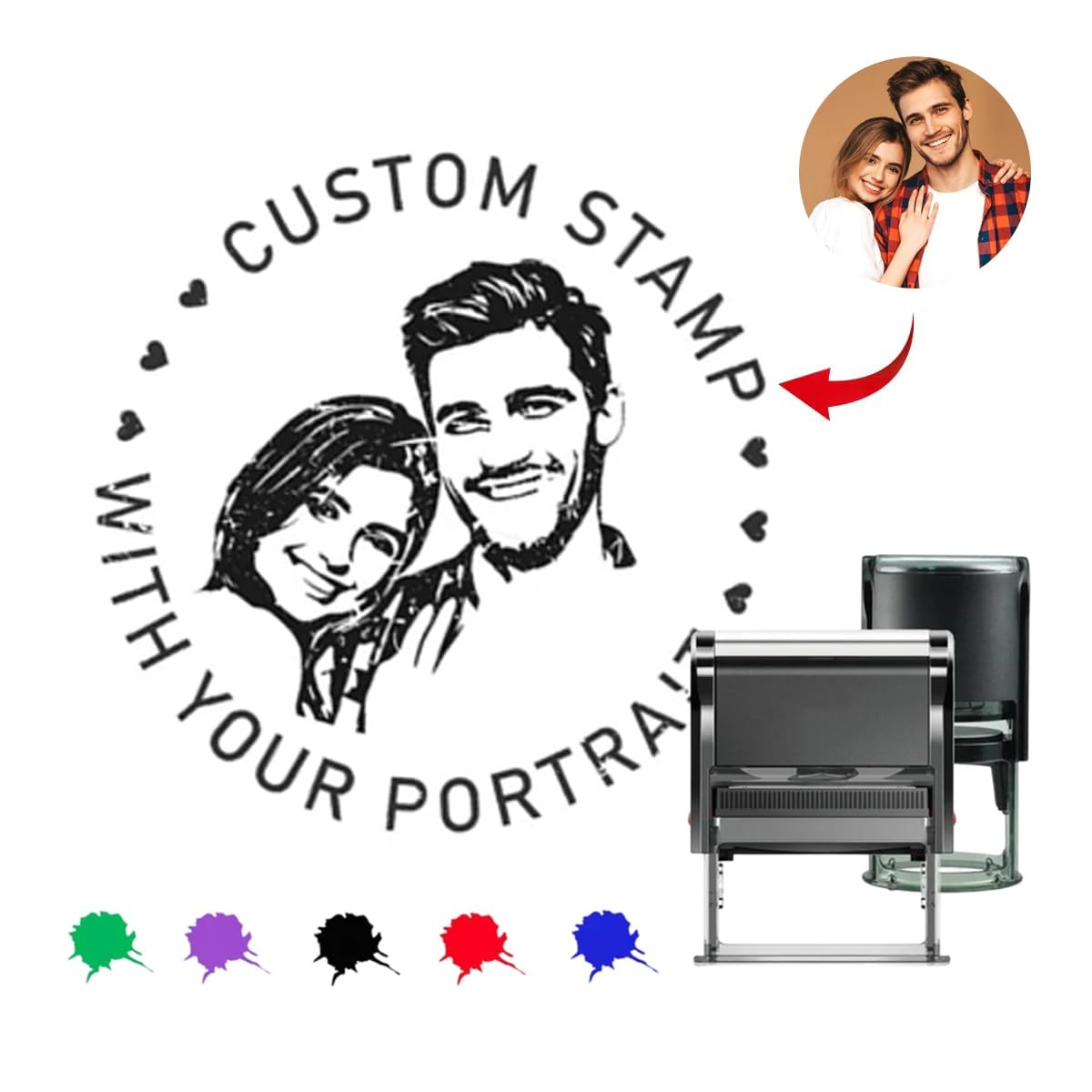 Custom Face Photo Stamp - Personalized Hand-Drawn Portrait Stamps Self Inking Stamp with Logo Name Text Round Rubber