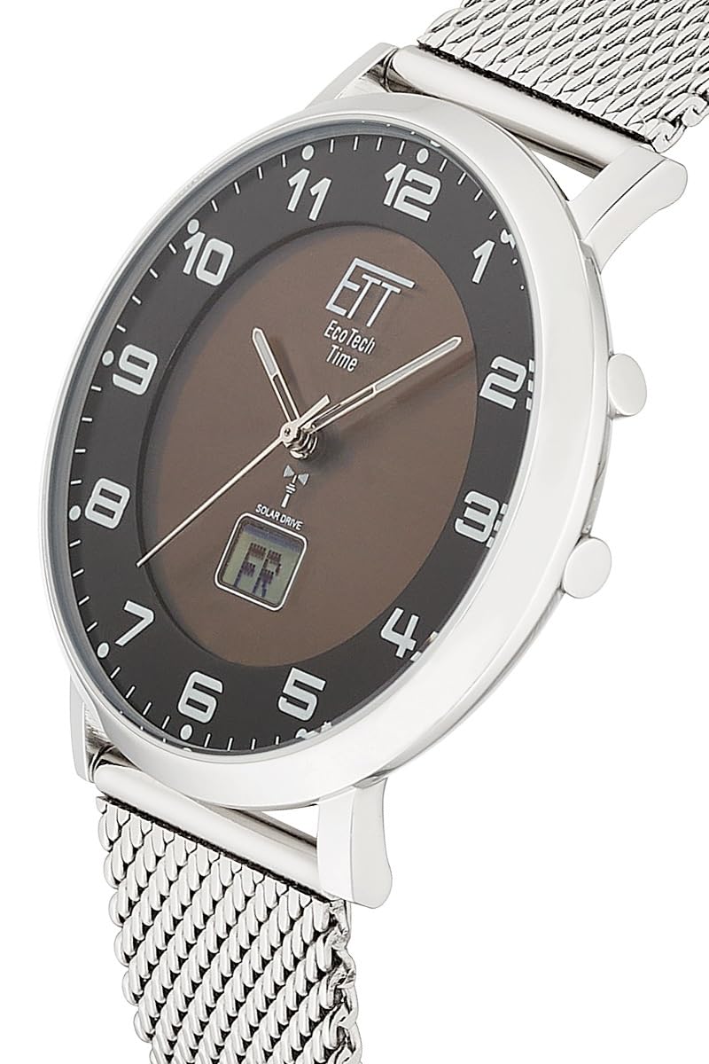 ETT Eco Tech Time Funk Solar Herren Uhr Analog mit digitalem Datum mit Edelstahl,Leder Armband EGS-11624-22MS