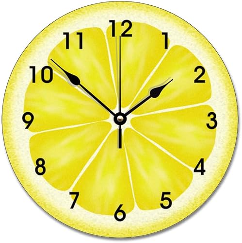 ArogGeld Reloj de pared de limón amarillo, reloj de madera cítrica de 10 pulgadas, silencioso, sin tictac, funciona con pilas, para sala de estar,