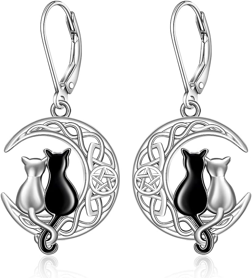 Cat Earrings Black Cat Earrings for Women Crescent Moon Celtic Knot Cute Black and White Cat Matching Sterling Silver Pentagram Pentacle Earrings Halloween Lover Gifts Jewelry