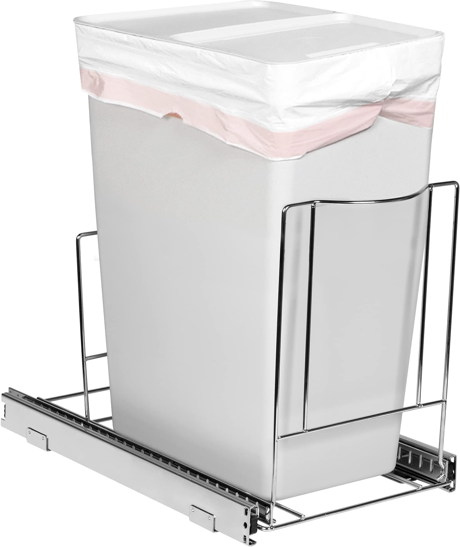 Pull-Out Trash Can for Cabinet - 12 Gal / 48 qt โ Heavy-Duty Chrome, Smooth Slide with Trash Bag Storage โ Fits 13" Cabinet Opening (Bin Not Included)