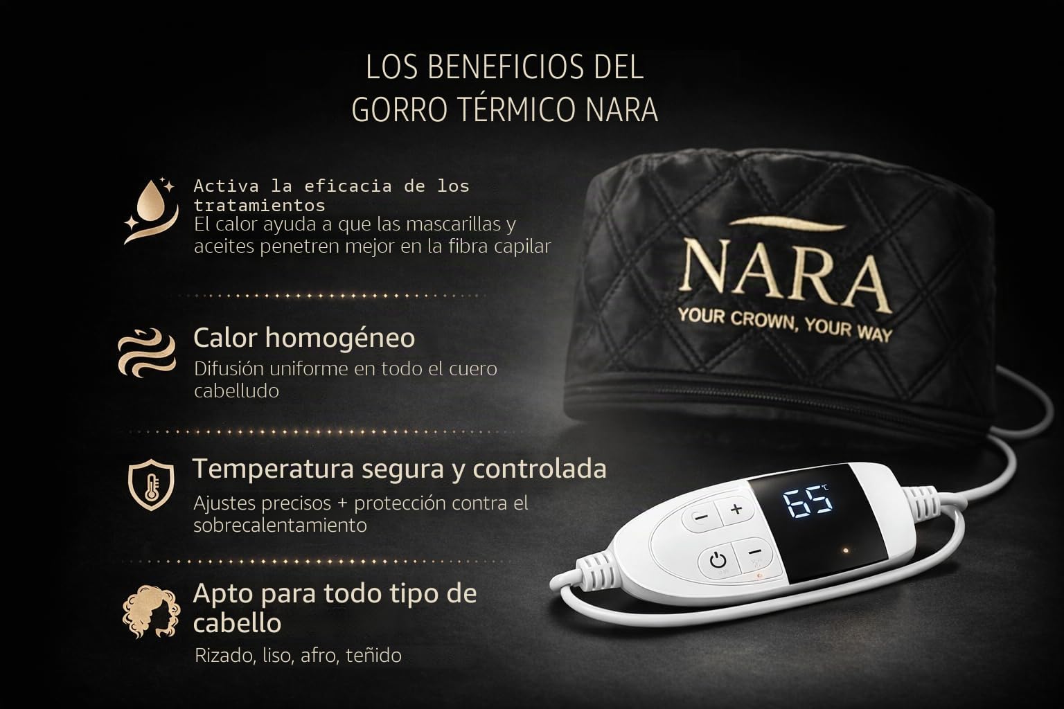 Gorro Térmico para Cabello NARA (Pack 4 en 1) - Gorro Termico Peluqueria para Tratamiento e Hidratación Profunda - Temperatura Ajustable - Incluye Gorro de Noche, Ducha y Peine