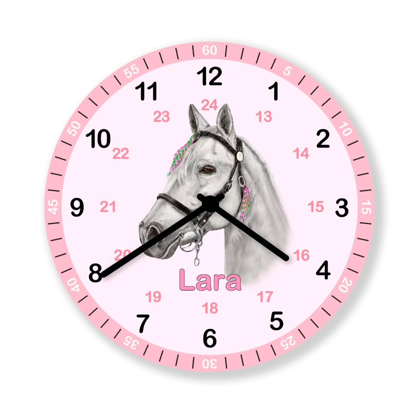 Kinder Wanduhr Pferd Lernuhr Rosa mit Wunsch Name Kinderzimmer Uhr