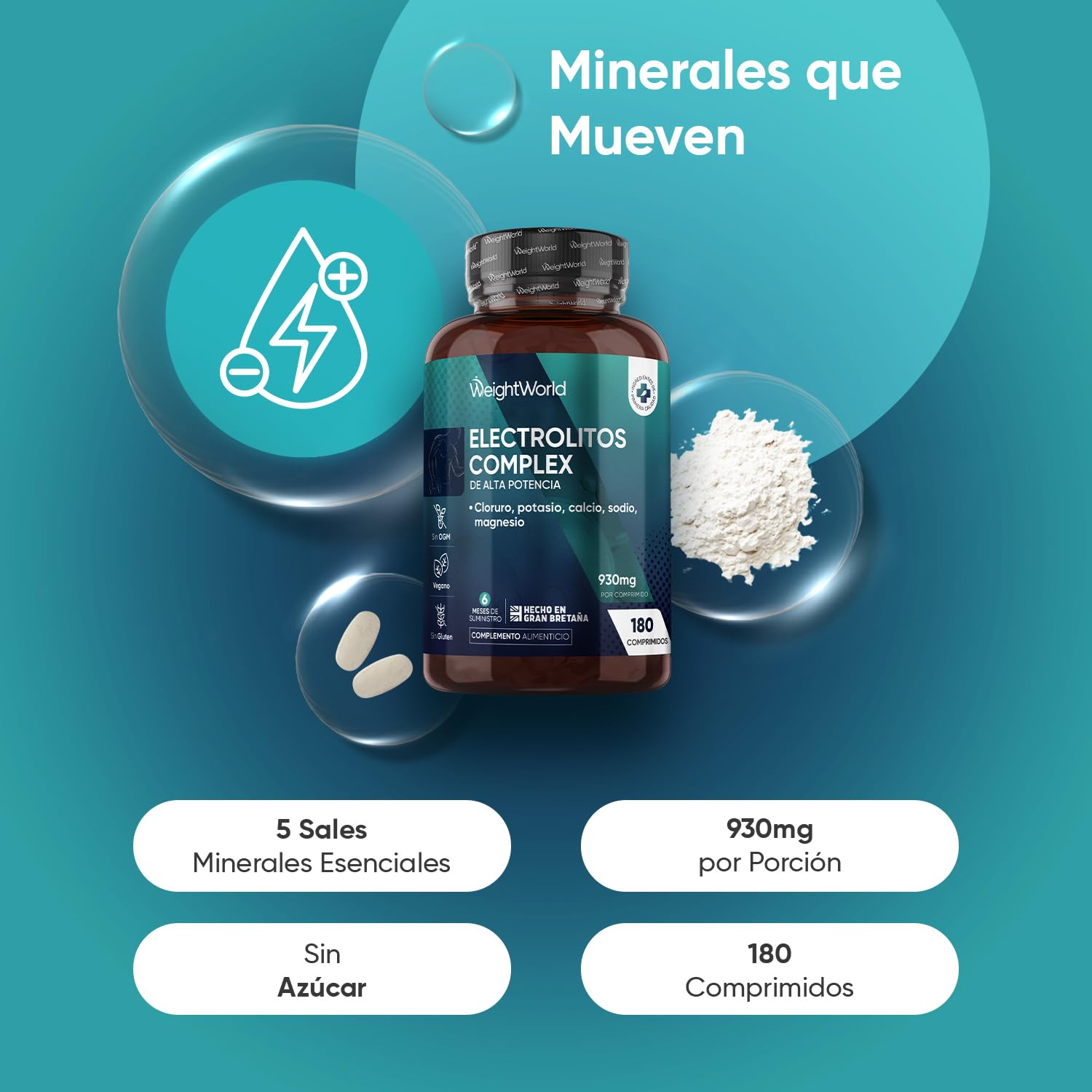Electrolitos Keto Sin Azúcar 930mg - 180 Comprimidos Veganos - Magnesio, Potasio, Sodio, Calcio y Cloruro que Aportan Sales Minerales para Deporte para 6 Meses, Sin OGM ni Gluten