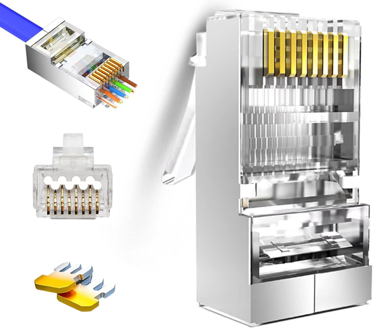 EZYUMM 20PCS Cat6 Cat 6A Shielded Pass Through RJ45 Connectors, Premium Shielded RJ45 Pass Through Connector, Gold Plated RJ45 Modular Plugs for Solid or Stranded FTP/STP Ethernet Cable