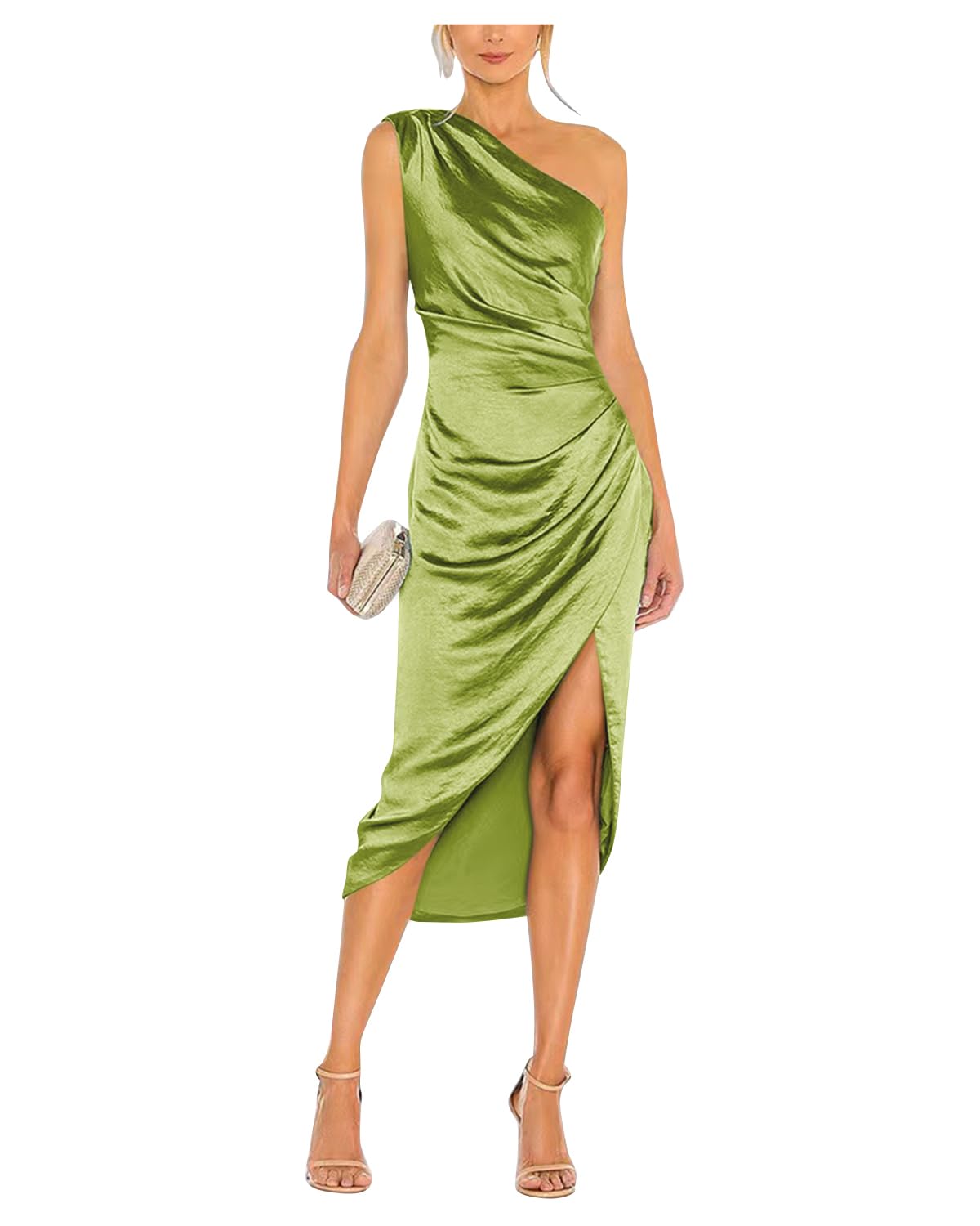 Satin Bridesmaid Dresses for Women One Shoulder Prom Dress Pleated Midi Formal Cocktail Gown Wedding Guest Dress with Slit
