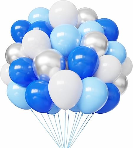 Globos de látex azul plateado y blanco, 50 globos metálicos de 12 pulgadas azul real y plateado para decoración de cumpleaños, boda, fiesta