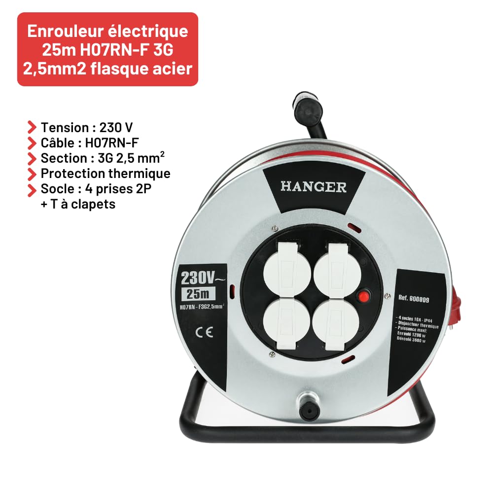 Enrouleur Électrique Flasque Acier 25 m H07RN-F 3G 2,5 mm² HANGER - Puissance et Sécurité Réunies