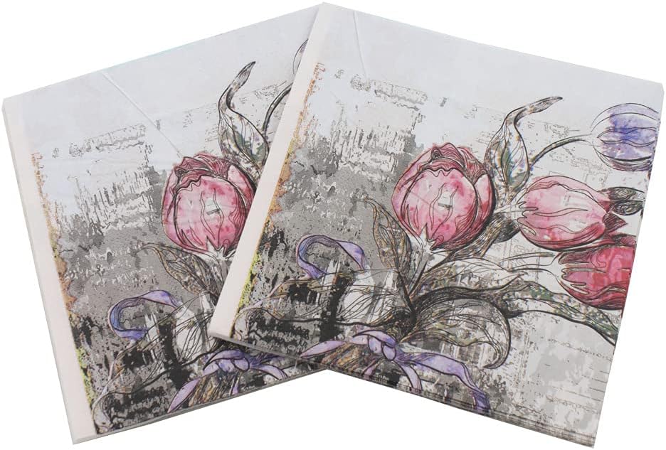 Set of 20 Individual Decoupage Paper Party Napkins Vintage Flowers Tulips Watercolor Decor Luncheon Napkin for a Birthday, Holiday, Wedding, Cocktail Party