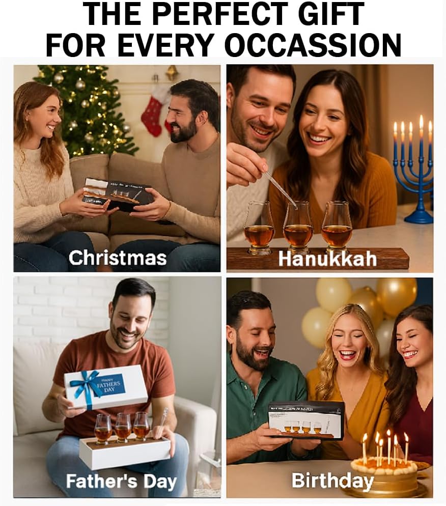 The Wee Glencairn Whiskey Flight Stave - Crystal Bourbon Glass Kit with Reclaimed Oak Barrel Stave Serving Tray, Mini Glen Cairn Whisky Glass Set of 4 & Whiskey Glass Pipettes Dropper