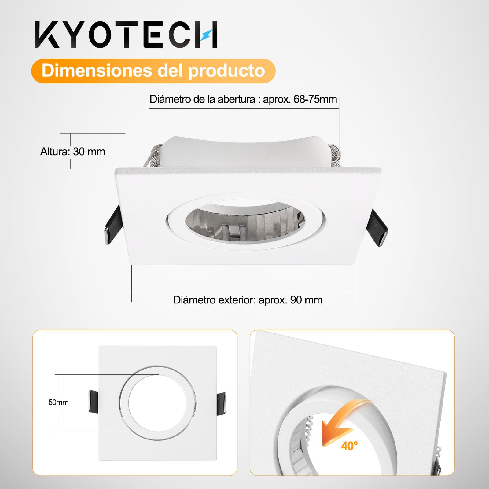 KYOTECH Juego de 6 focos empotrables con marco GU10, color blanco, orientable, cuadrado, incluye portalámparas GU10 para bombillas halógenas, módulo LED MR16