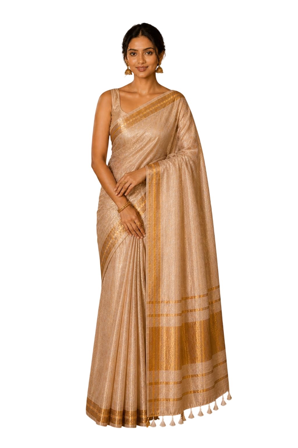 Tissue Kerala Cotton Saree with Blouse Piece, Beige with Gold Zari Border, Woven Design, Tassel Hem-picture-25