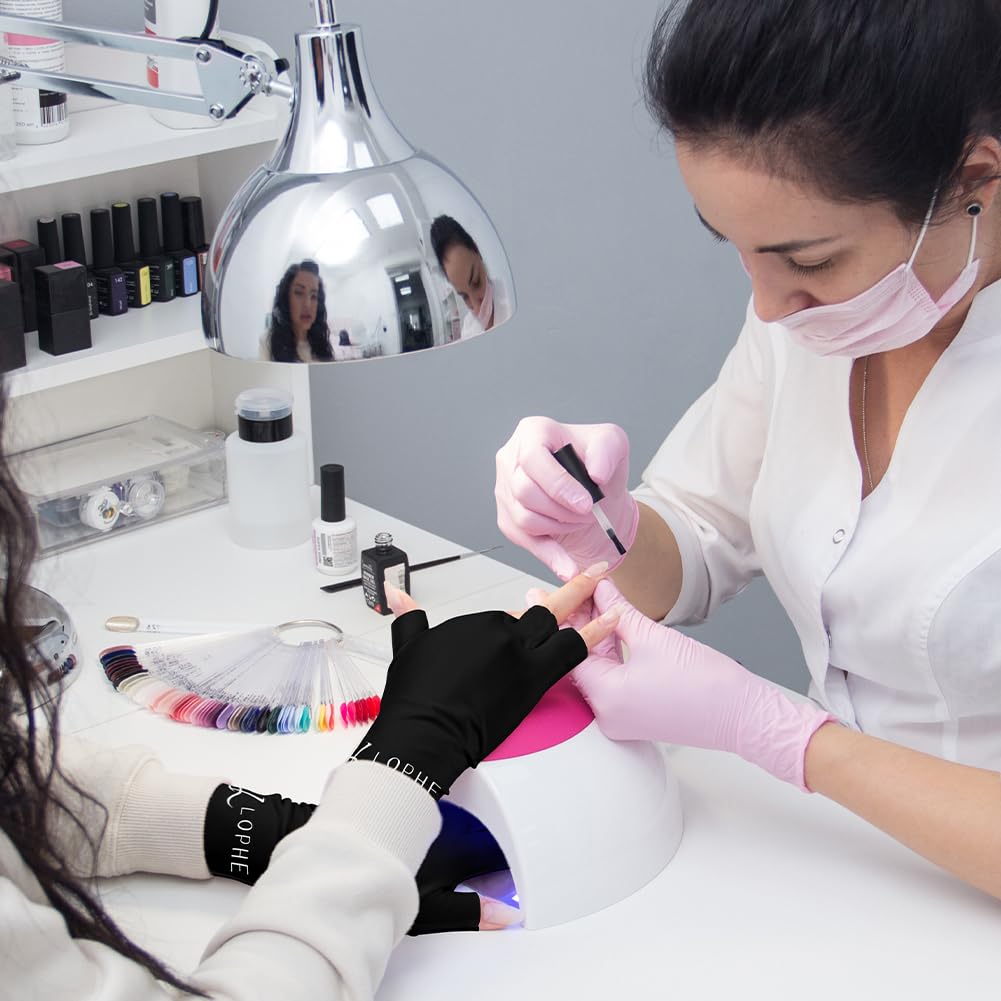 LOPHE Guanti UV per Unghie in Gel, 1 Paia UPF200+, Anti Raggi UV e UVB 999+, per Lampada per Unghie, Guanti Senza Dita per Manicure Nail Art Fai Da Te e Salone, Golf, Pesca(Nero)