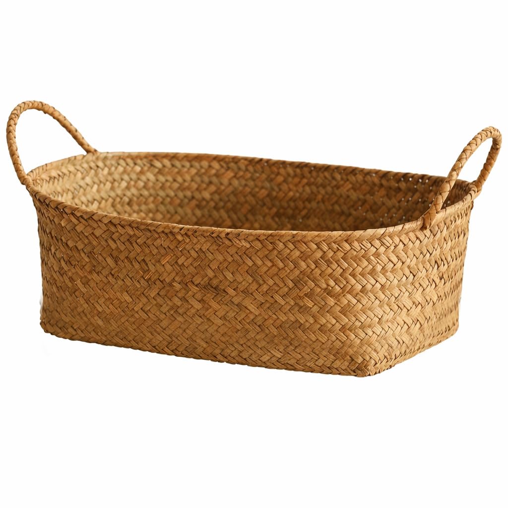 Terreamour Oval Wicker Straw Eco-Friendly Natural Seagrass Gift Basket, Handmade Woven Storage & Gifting Basket with Handles, Multipurpose Fruit, Home & Tabletop Organizer – 26 × 16 × 10 cm