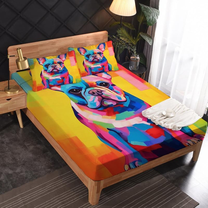 Miniatura 2 de zcsm Juego de sábanas tamaño individual sábanas de bulldog francés, sábanas y fundas de almohada coloridas para cachorros, microfibra suave,