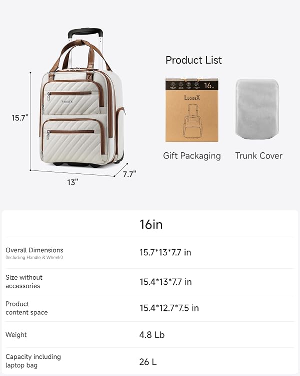 LUGGEX Underseat Carry On Luggage with Wheels, UDK Stylish Lightweight Under Seat Luggage, Soft Sided Personal Item Suitcase for Short Trip (UX-Core, Cream White, 16 Inch) by LUGGEX - Used condition - Image 7