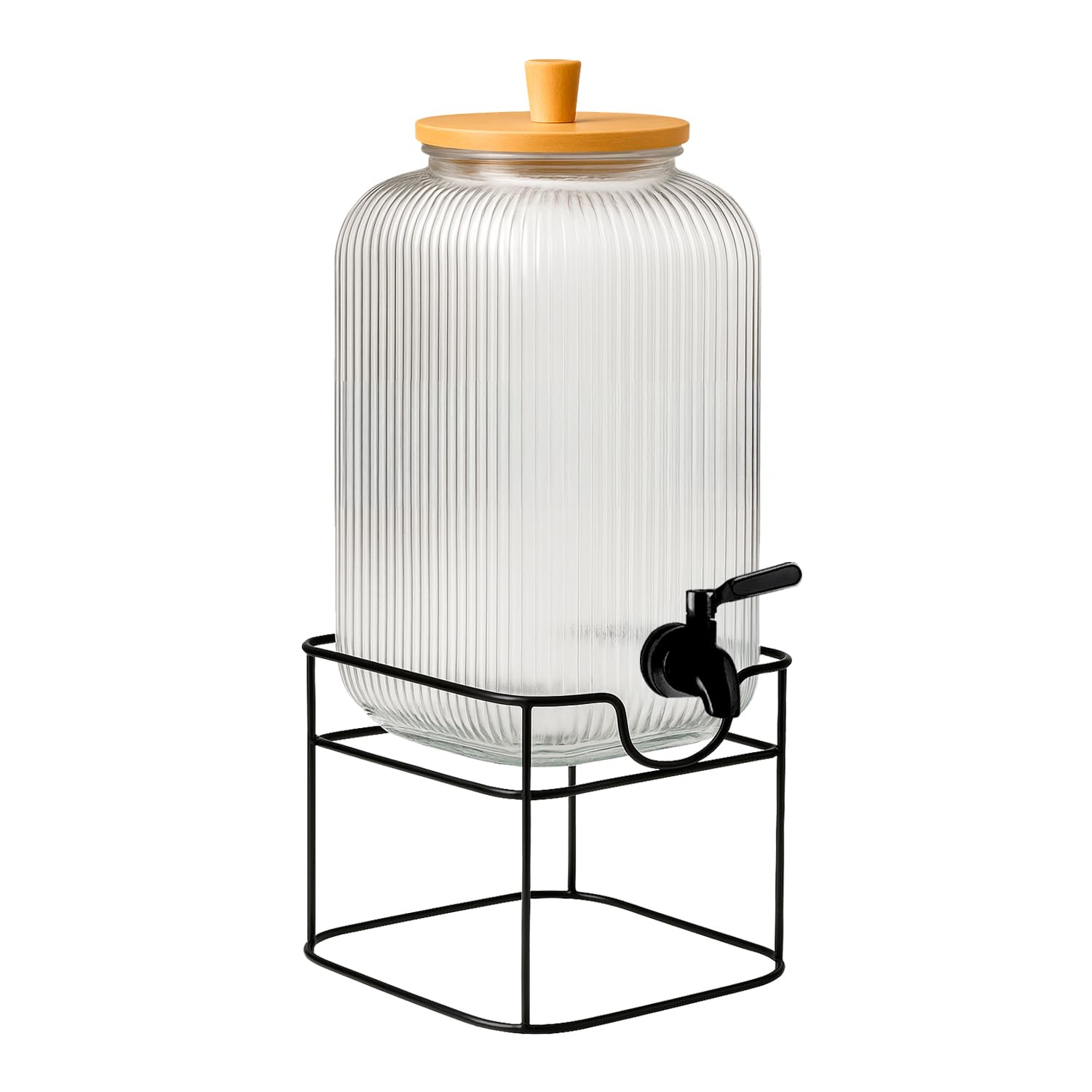 Recipiente de cristal de 8 litros con grifo y tapa de bambú – para limonada, agua y zumo (acero inoxidable negro + soporte)