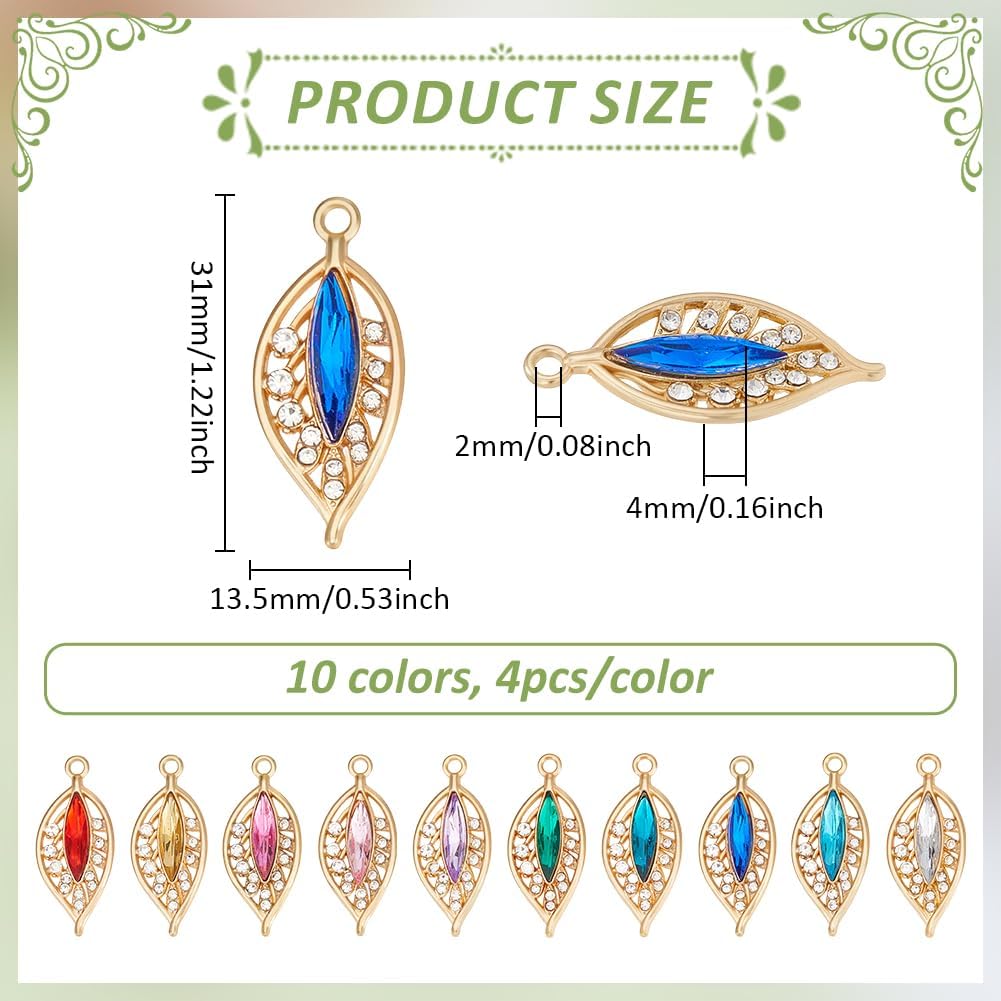 PH PandaHall 40pcs 10 Colors Rhinestone Leaf Charms Oval Crystal Charms Gemstone Pendants Golden Vintage Charm for Bracelet Necklace Jewellery Making Handicrafts 1.2 Inch - Image 2