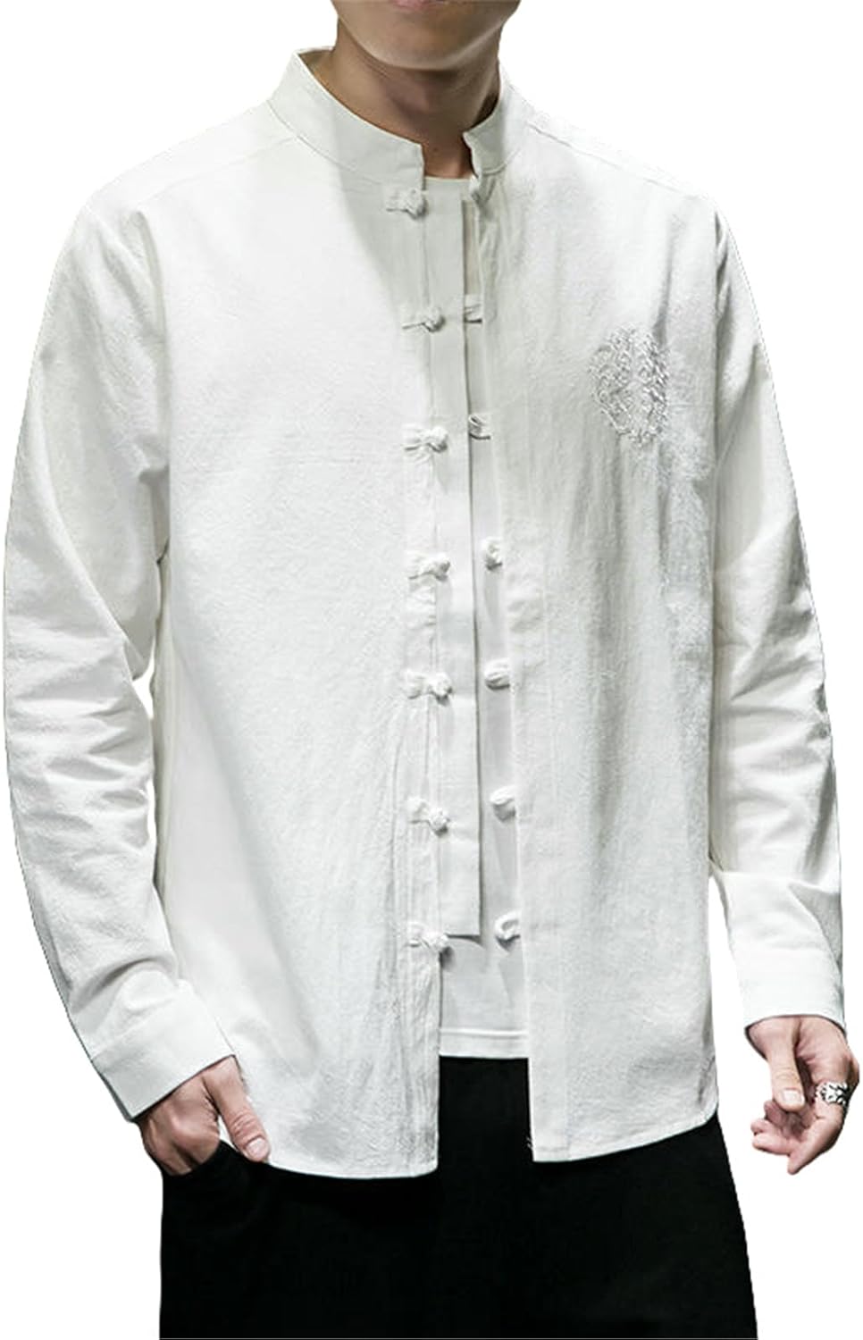 Men's Spring Autumn Traditional Cotton Linen Chinese Style Embroidered Frog Buttons Hanfu Shirt