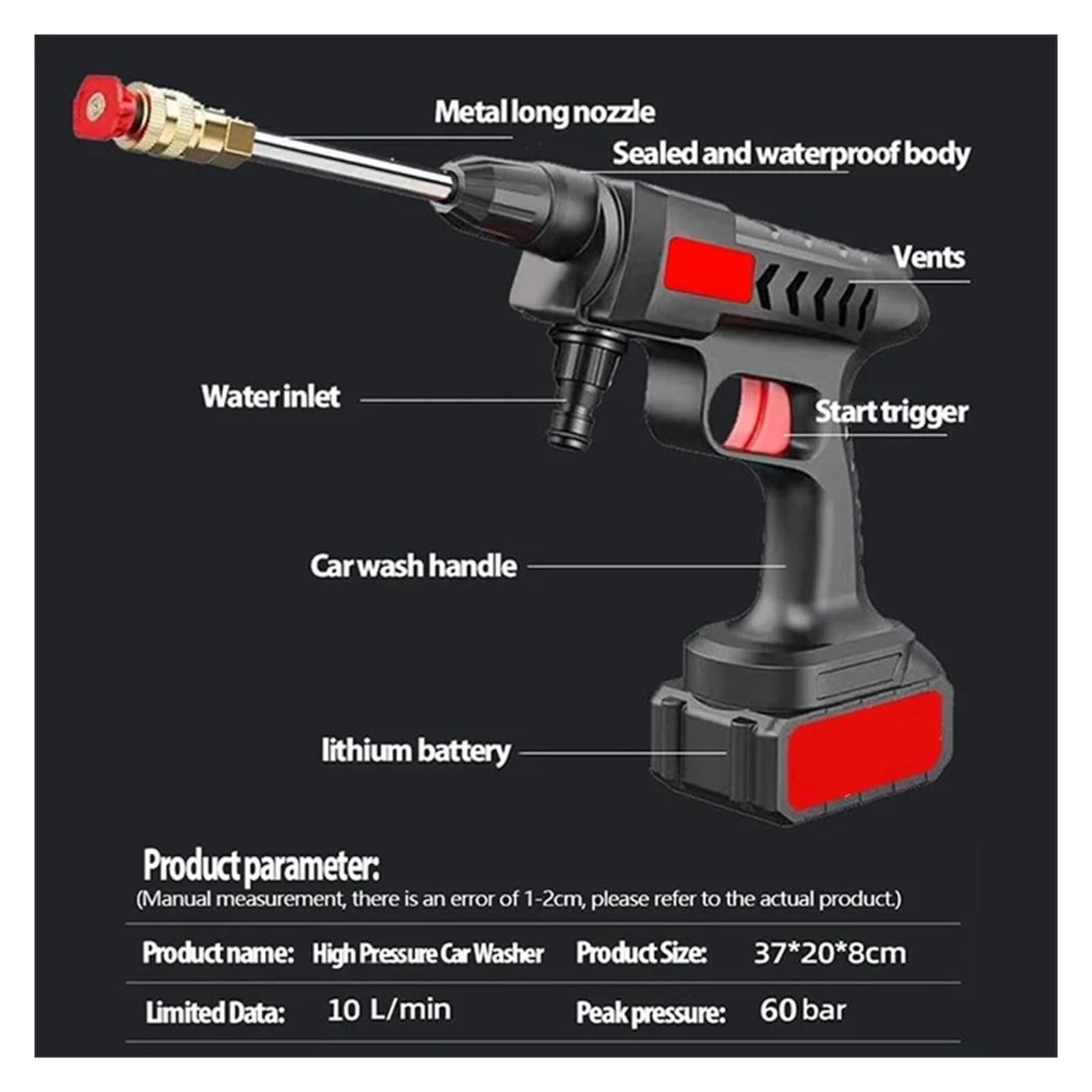 Pistolet d'arrosage avec embout multi-jets, Buse de pulvérisation nettoyeur haute pression sans fil for lavage voiture, 60 bars, for la maison et le jardin