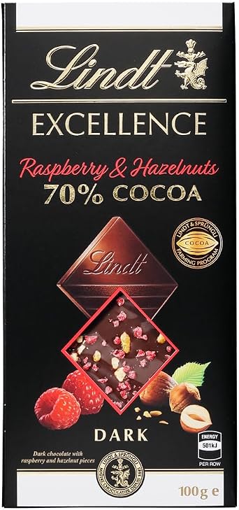 Lindt Tablet, Chocolate Excellence, Raspberry & Hazelnuts, 70% Cocao, Summer Gift