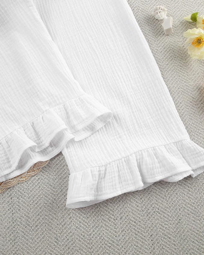 Womens Muslin Pajama Set Cotton Gauze Loungewear 3 Piece Long Sleeve Button Down Sleepwear Ruffle Pj Set - Image 4