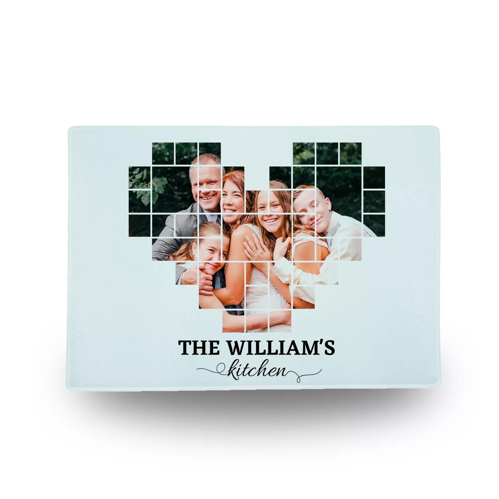 Personalised Heart Family Photo Collage Tempered Glass Cutting Board Custom Surname Chinchilla Finish Hygienic Kitchen Gift for Her (Medium)